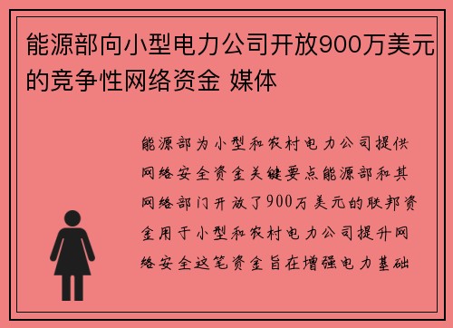 能源部向小型电力公司开放900万美元的竞争性网络资金 媒体